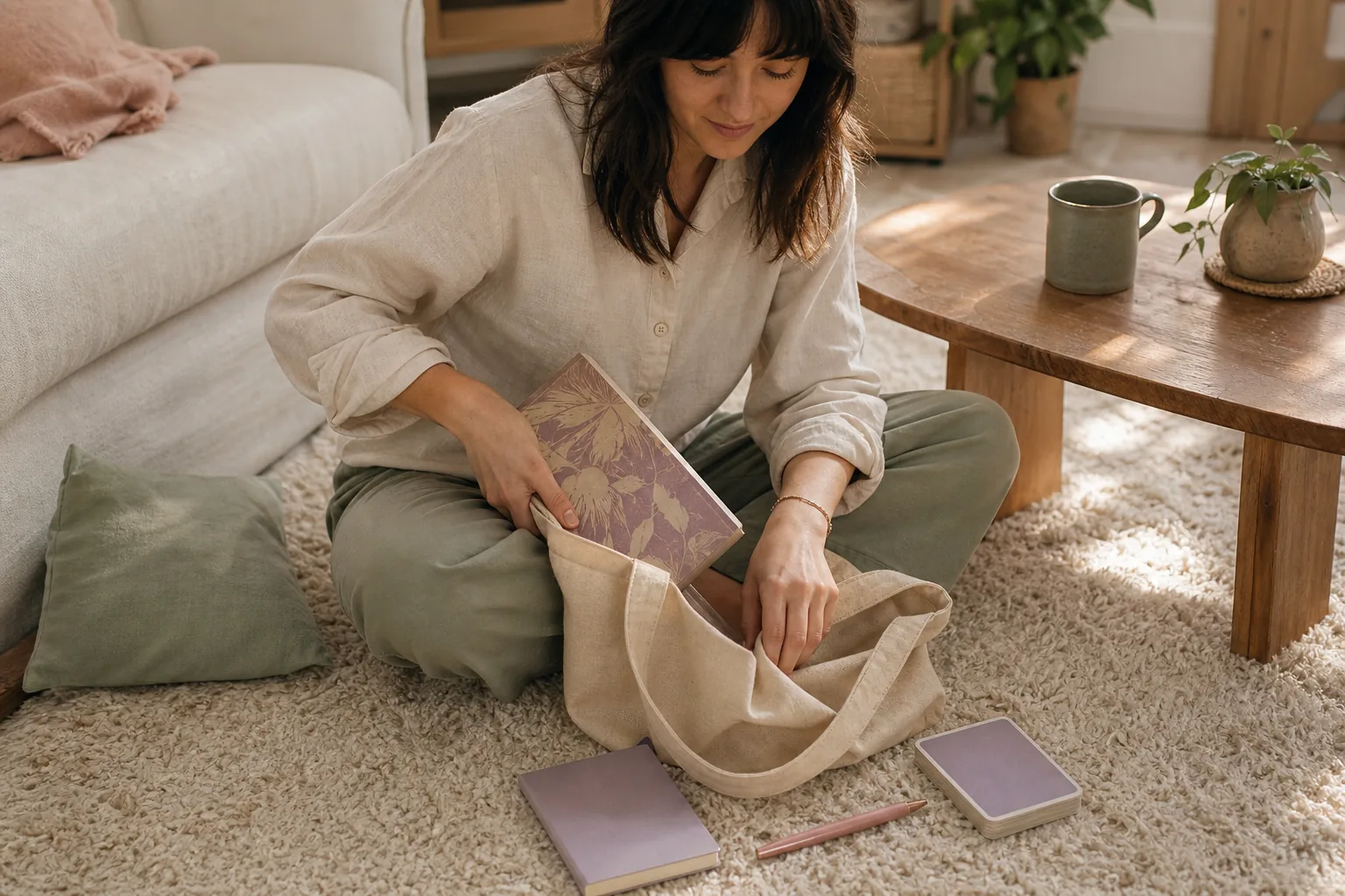 Person sitting on a living-room rug placing a book into a simple canvas tote beside a notebook, pencil, and cards.