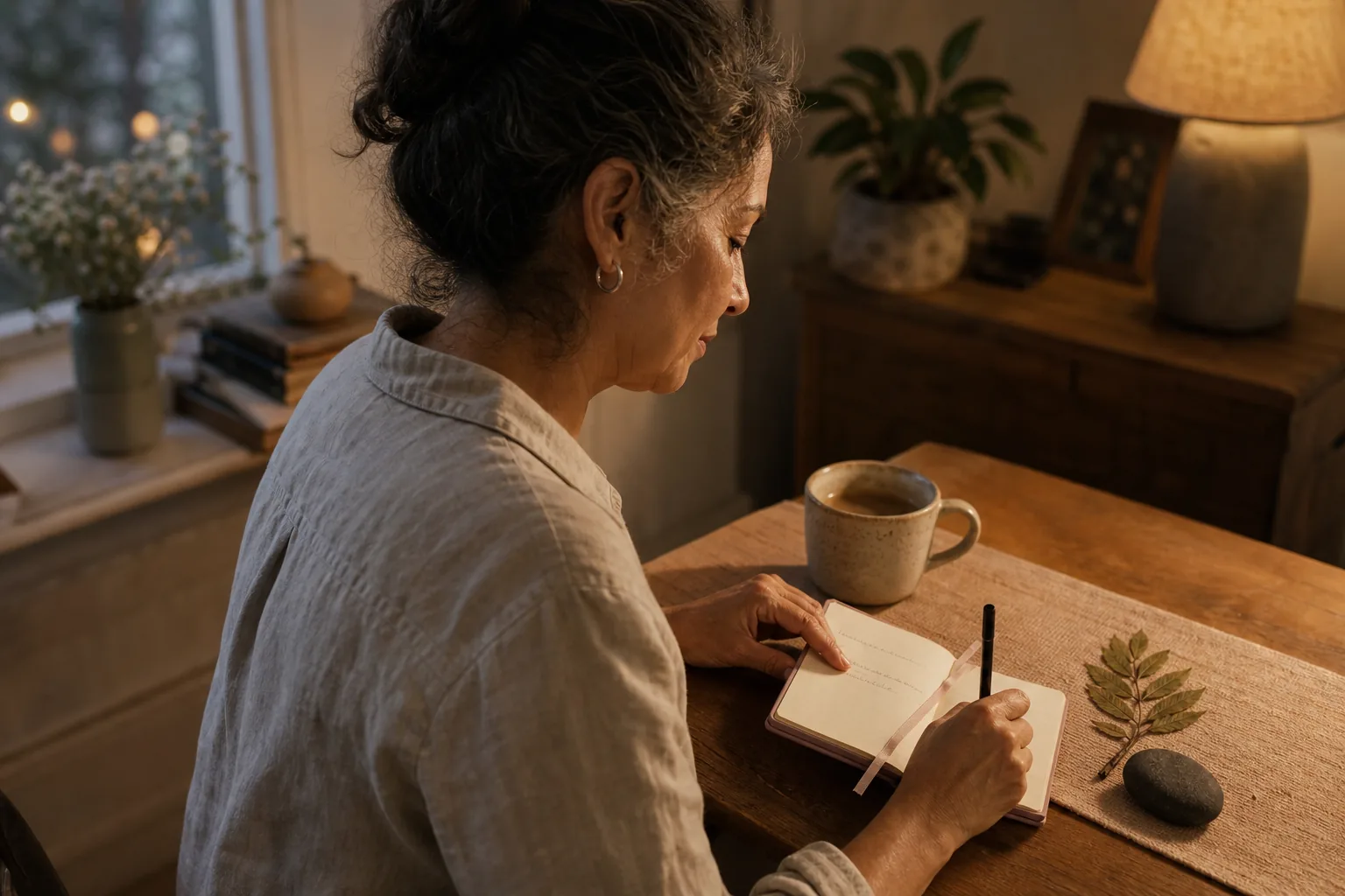 Woman writing in a small notebook at an evening table beside a mug, pressed leaf, ribbon, and smooth stone.