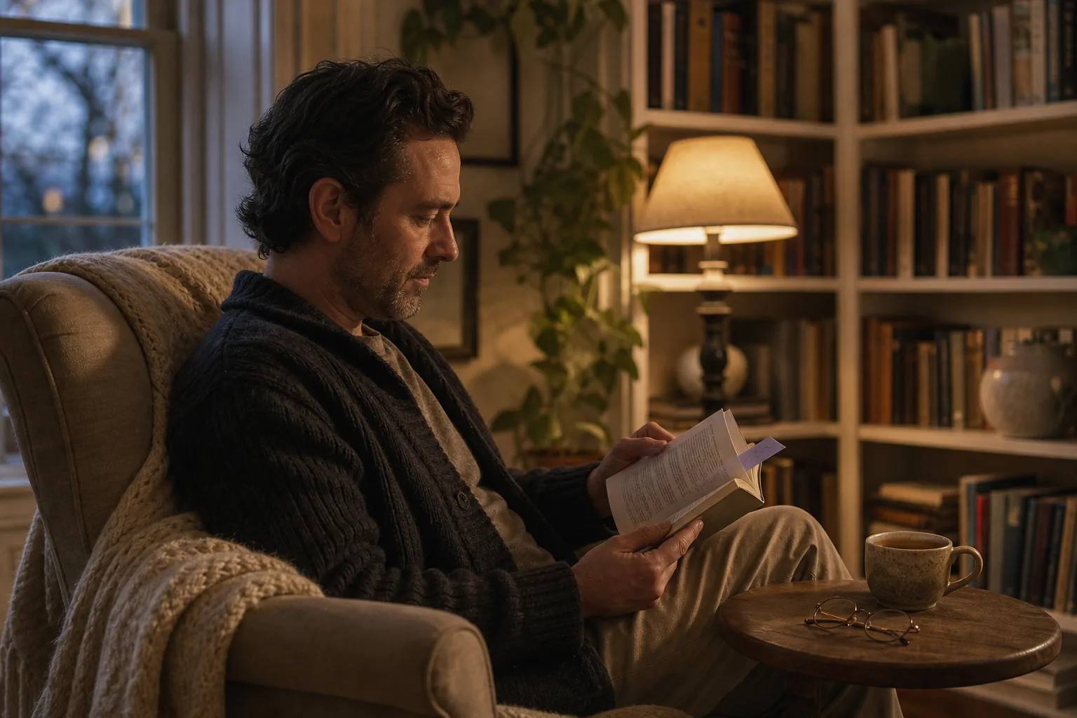 Man reopening a paperback in a warm reading chair at dusk beside a lamp, cup, and reading glasses.