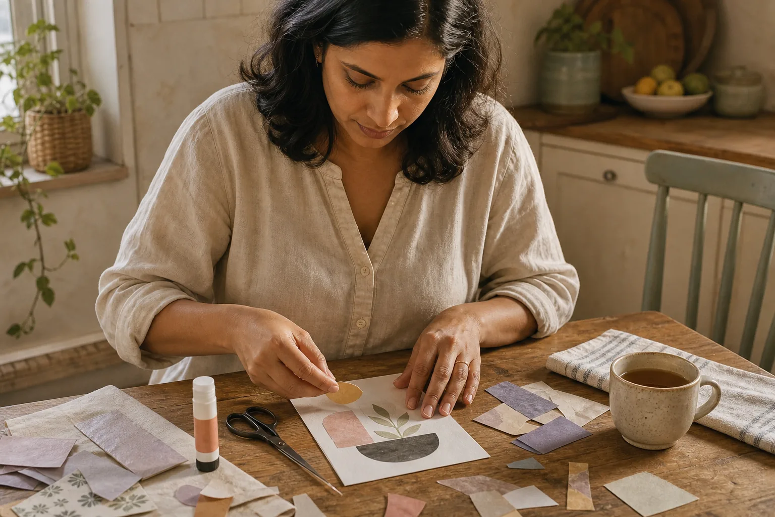 Person making a small paper collage at a kitchen table with muted paper scraps, scissors, glue, and a cup of tea.