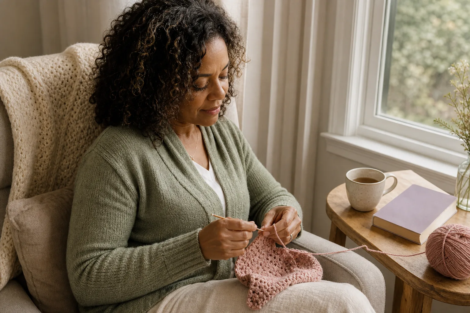 Woman crocheting a dusty rose piece in a chair beside a window, book, and cup of tea.