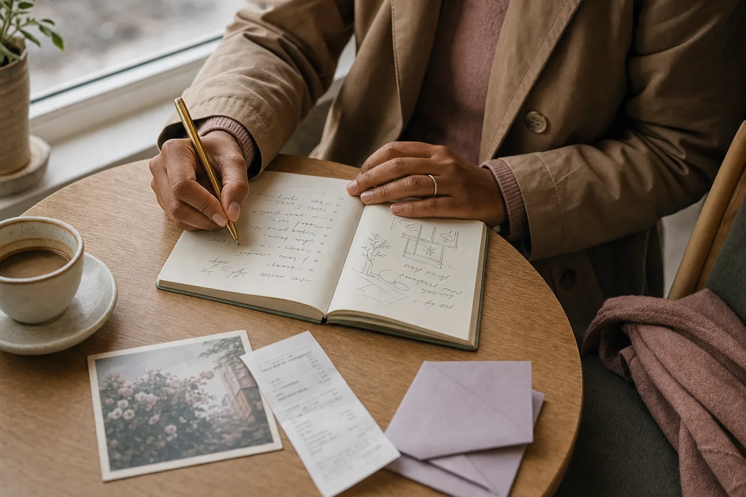 Person writing an everyday list and small sketches in an open notebook at a cafe table.